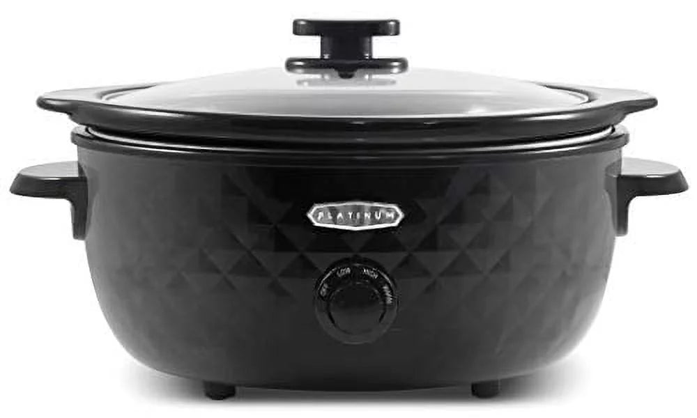 Elite Gourmet MST1234BX# Diamond Pattern Slow Cooker Removable, Dishwasher-Safe Stoneware Pot with Tempered Glass Lid, Cool-Touch Handles, 6 Quart, Charcoal Ebony
