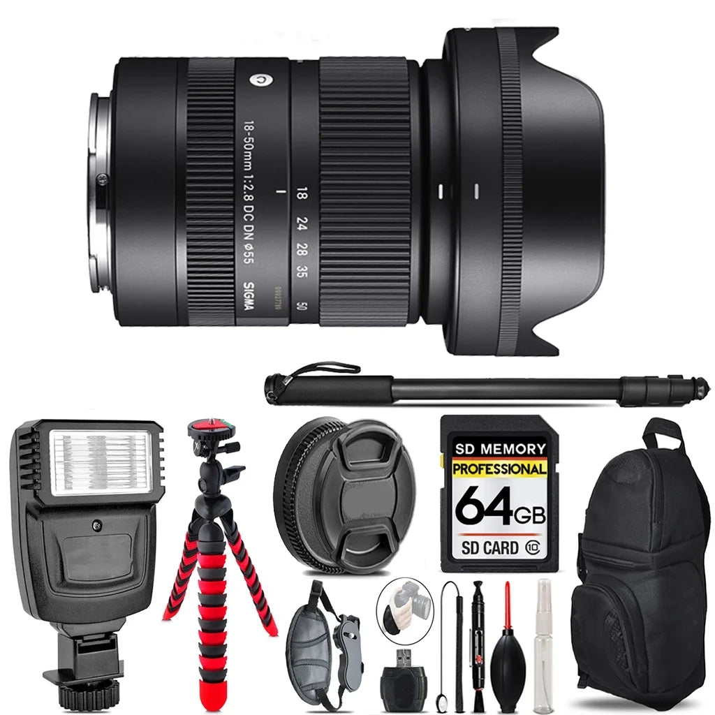 Sigma 18-50mm f/2.8 DC DN Contemporary Lens for E - Video Kit + Flash - 64GB Accessory Bundle