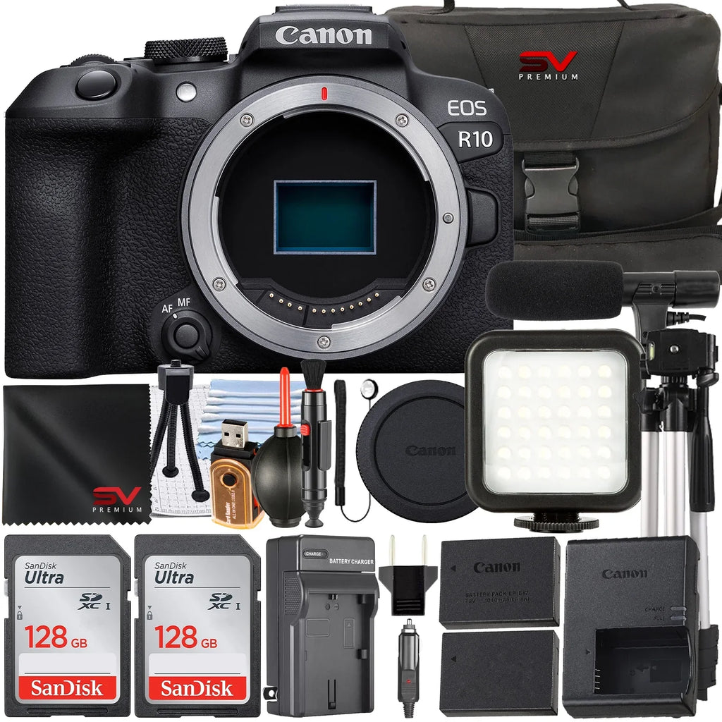 EOS R10 Mirrorless Camera (Body Only) with 2 Pack SanDisk 128GB Memory Card + Case + LED Flash + SV Premium Accessory Bundle