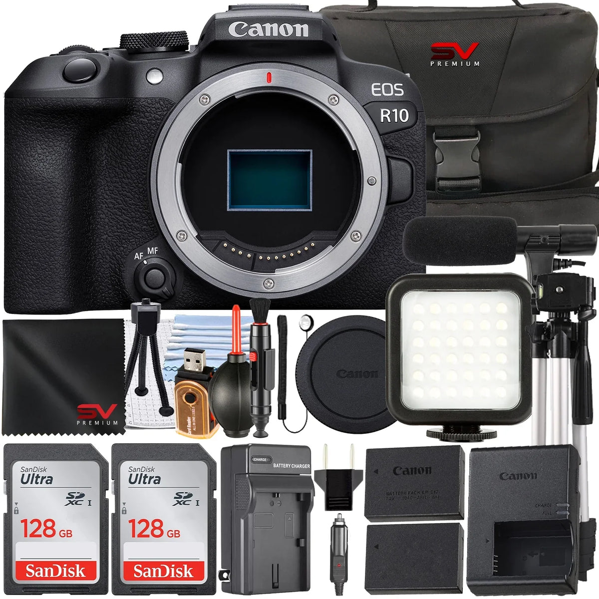 EOS R10 Mirrorless Camera (Body Only) with 2 Pack SanDisk 128GB Memory Card + Case + LED Flash + SV Premium Accessory Bundle