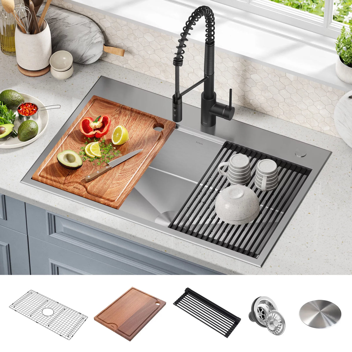 Kraus Kore 33 in. Drop-In / Undermount Workstation16 Gauge Stainless Steel Single Bowl Kitchen Sink with Accessories