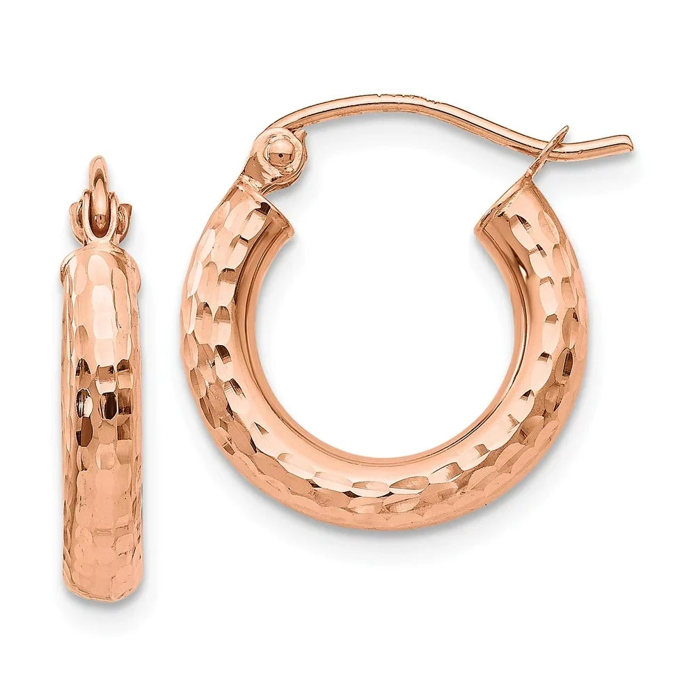 Real 14kt Rose Gold Polished Load Small Diamond-cut Tube Hoop Earrings; for Adults and Teens; for Women and Men