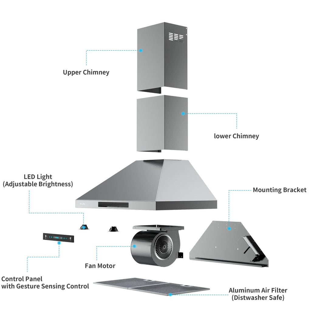 HisoHu Wall Mount Kitchen Hood Range Hoods with Ducted/Ductless Convertible Duct, 36 Inch 780 CFM Stainless Steel Vent Hood, 4 Speed Gesture Sensing Exhaust Hood with Dimmable LED lights(A02-36")