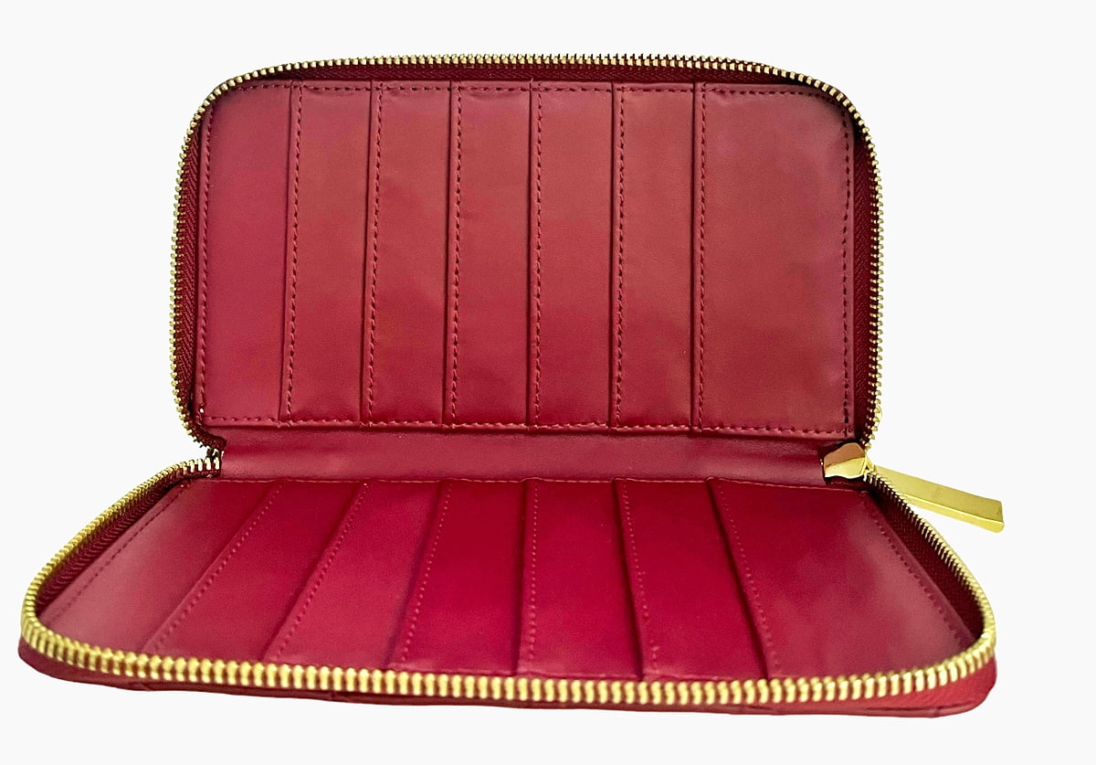 JOY & IMAN Leather Quilted Wallet with 2 Wrap-Around Zippers RFID ~ Burgundy
