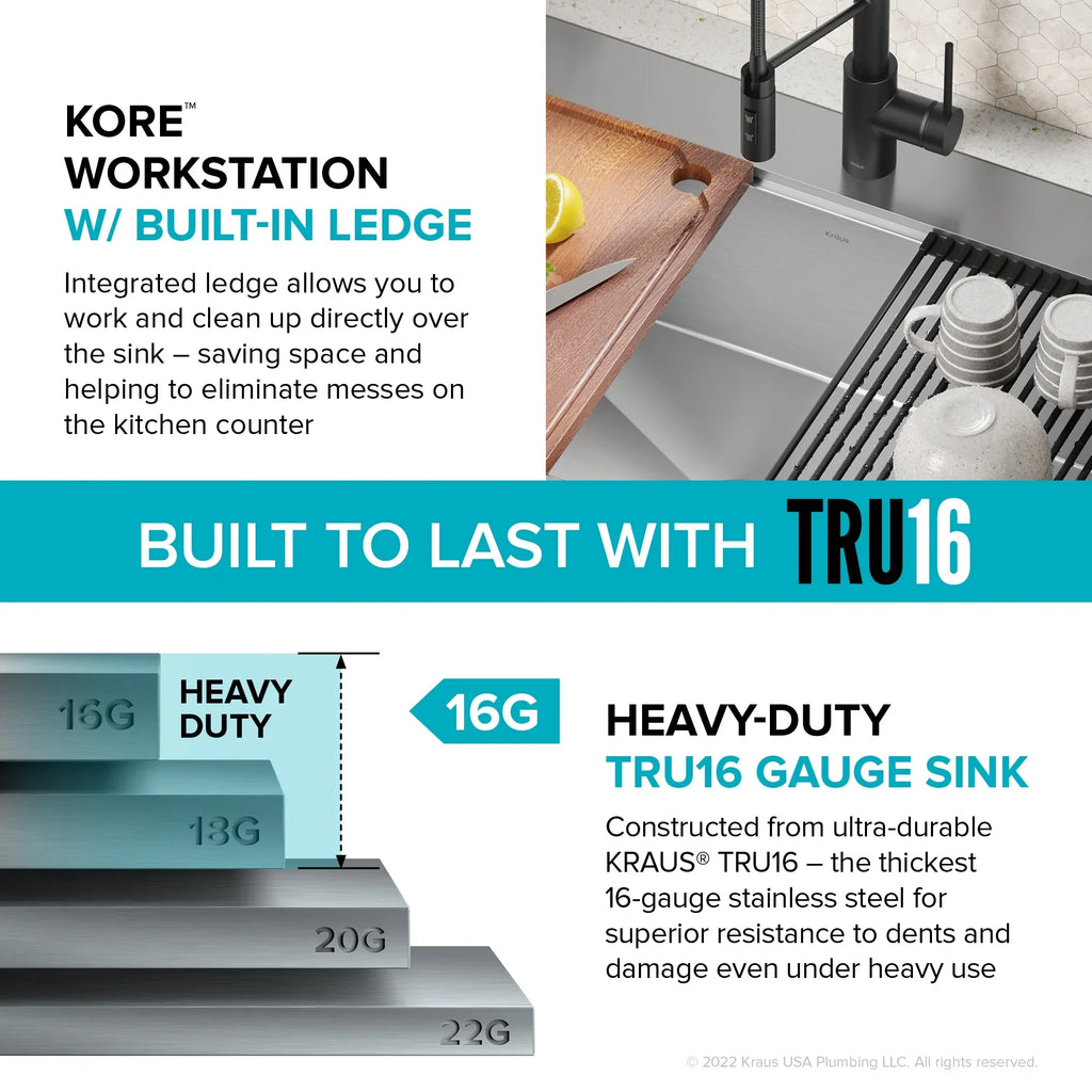 Kraus Kore 33 in. Drop-In / Undermount Workstation16 Gauge Stainless Steel Single Bowl Kitchen Sink with Accessories