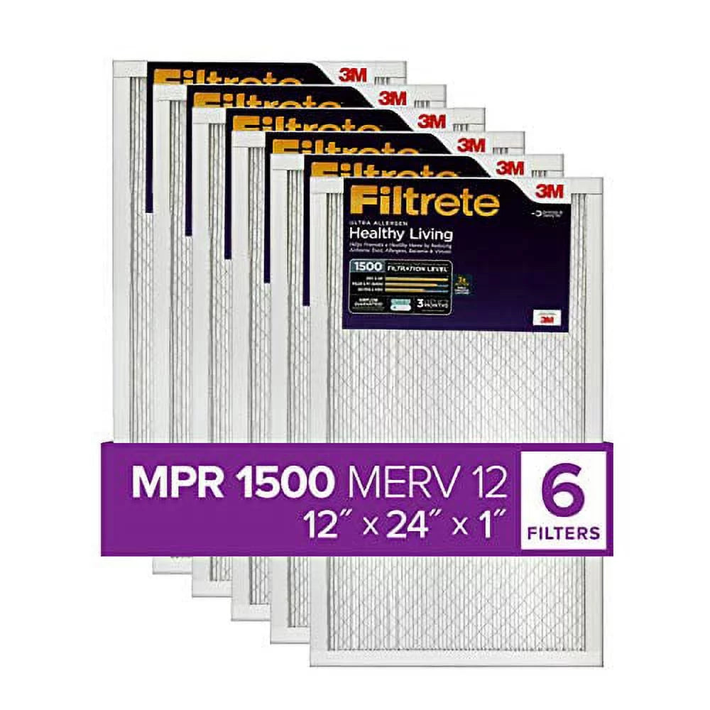 Filtrete 12x24x1, AC Furnace Air Filter, MPR 1500, Healthy Living Ultra Allergen, 6-Pack (exact dimensions 11.69 x 23.69 x 0.78)