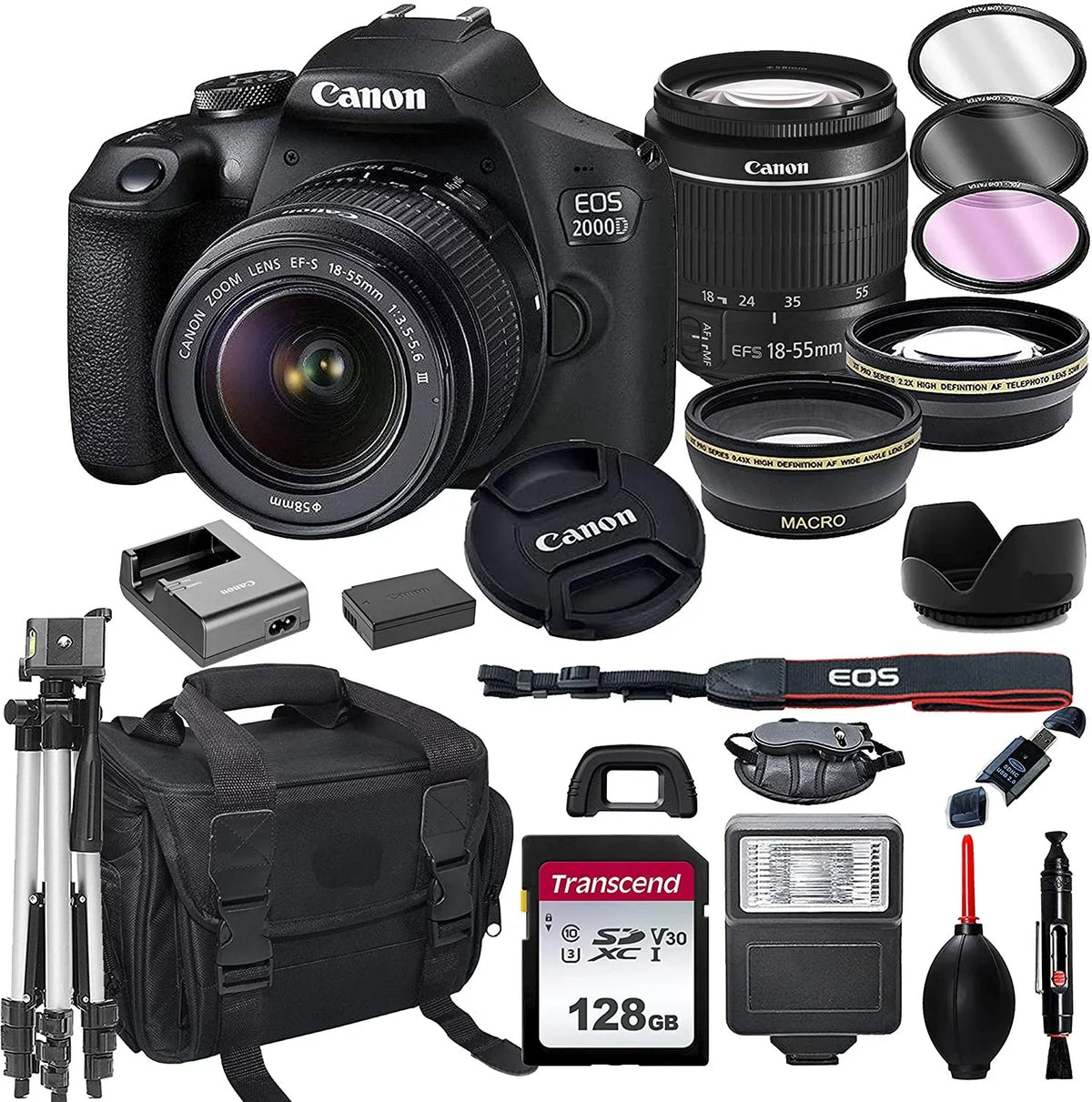 EOS 2000D DSLR Camera with 18-55mm f/3.5-5.6 Zoom Lens + 128GB Card, Tripod, Flash, and More 20pc Bundle