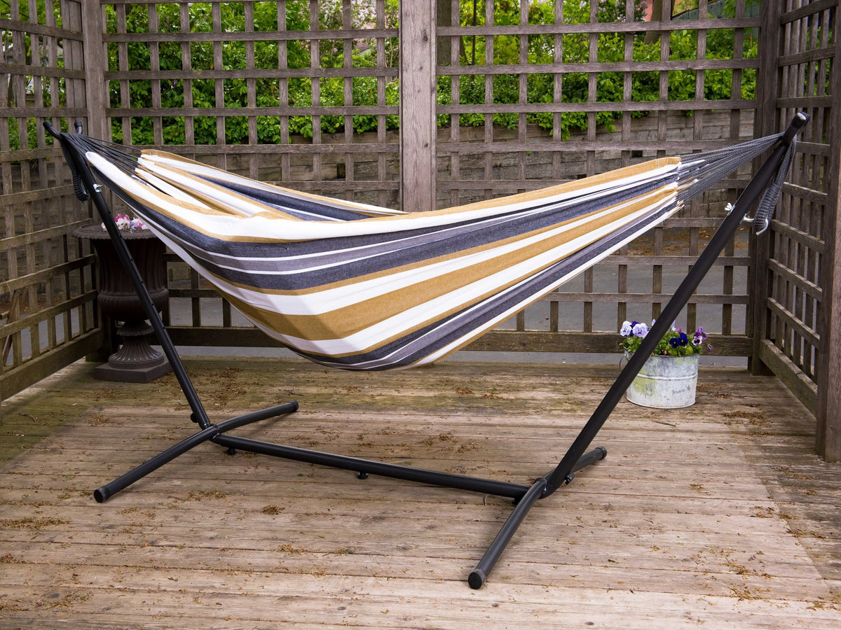 The Hamptons Collection 110” Grey and Gold Striped Brazilian Style Hammock with a Steel Hammock