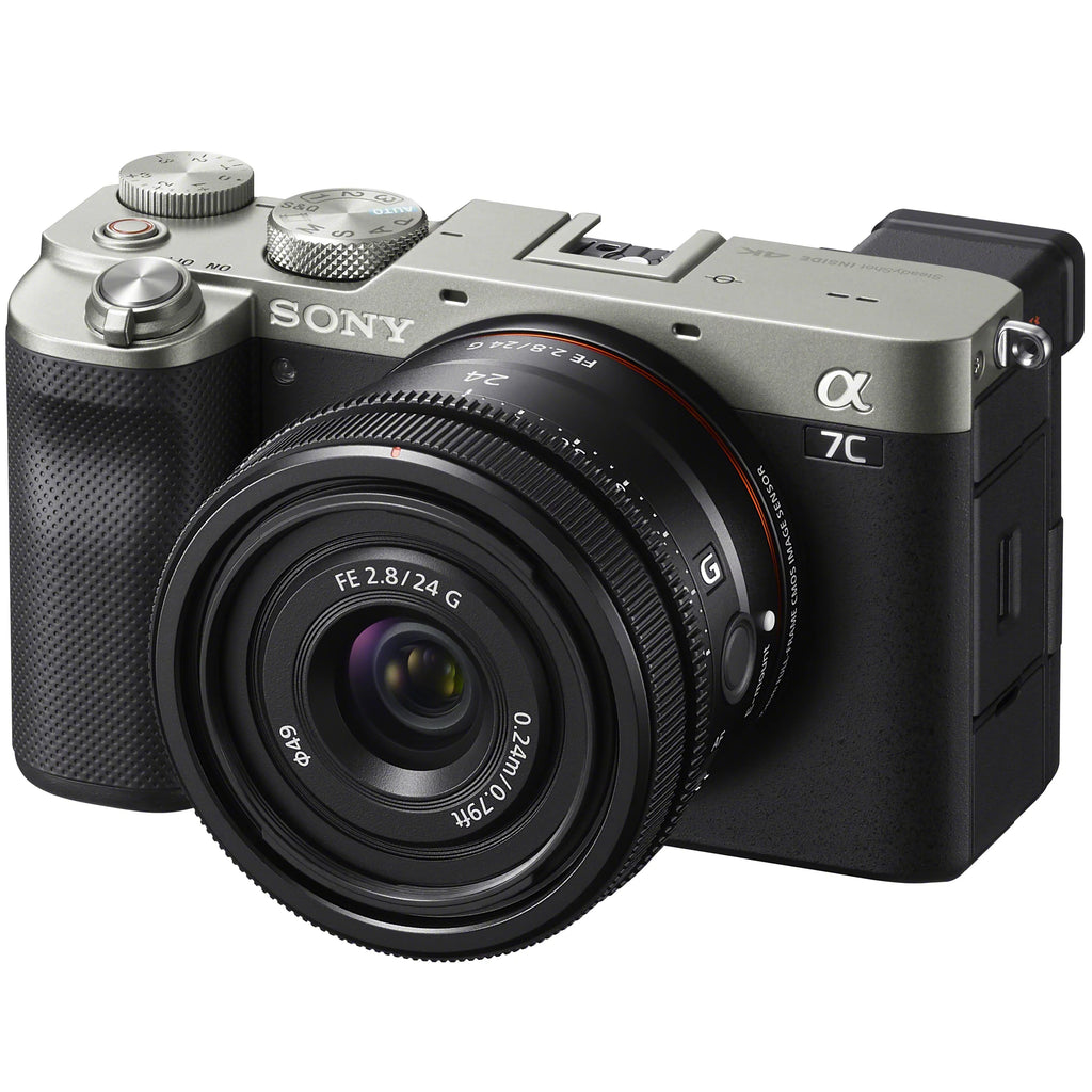 a7C Mirrorless Full Frame Camera Body with FE 24mm F2.8 G Compact Lens SEL24F28G Silver ILCE7C/S Bundle with Deco Gear Photography Backpack Case + Microphone + LED + Monopod and Accessories