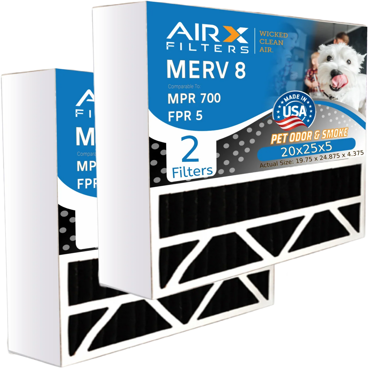 20x25x5 Air Filter Odor Eliminator Carbon Filter MERV 8 Comparable to MPR 700 & FPR 5 Compatible with Honeywell FC100A1037 2 Pack by AIRX FILTERS WICKED CLEAN AIR.