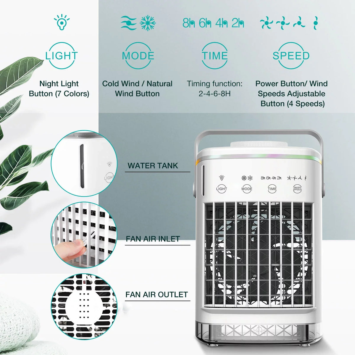 Hiroke Portable Air Conditioners Fan Desktop Air Cooler with 4-Speed Personal Mini Air Conditioner 7 Night Light & 2-8H Timer Desk Spray Fan for Home Office Camping