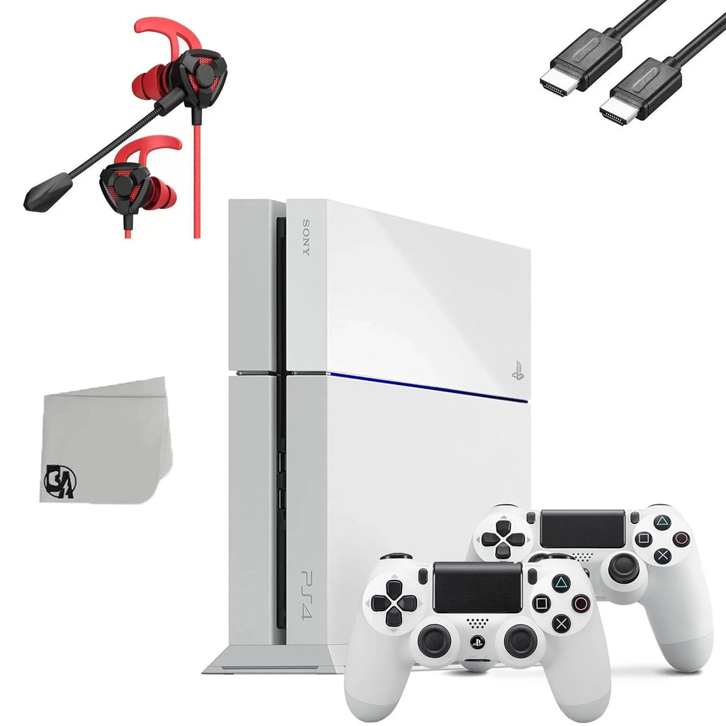 PlayStation 4 Original 500GB Matte White Gaming Console With 2 Controller + G9 Earbuds With Microphone BOLT AXTION Bundle Used