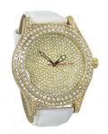 Gold Tone Ice Out Clubbing Watch, Cubic Zirconia White Leather Strap 50x60 Case
