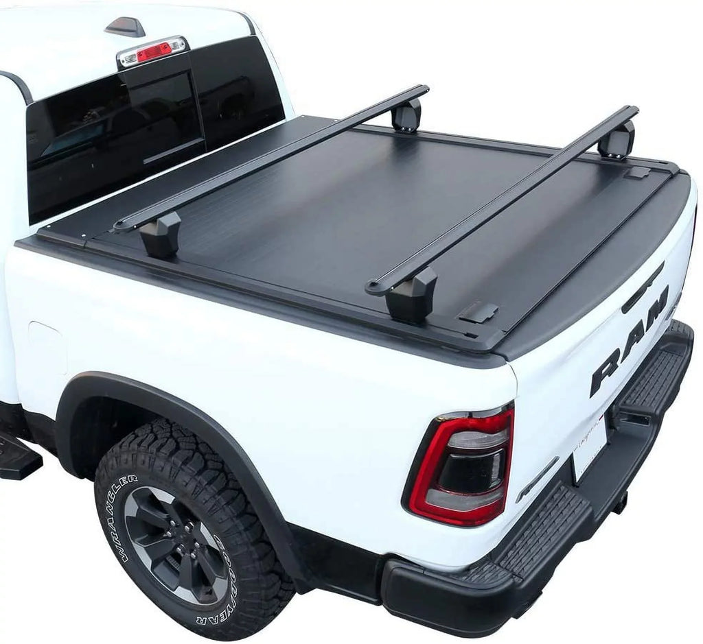 Syneticusa Retractable Hard Tonneau Cover with Cross Bars Fits 2019-2022 Ram 1500 5'7" (67.4”) Bed Matte Dark Aluminum Low Profile Waterproof Off Road