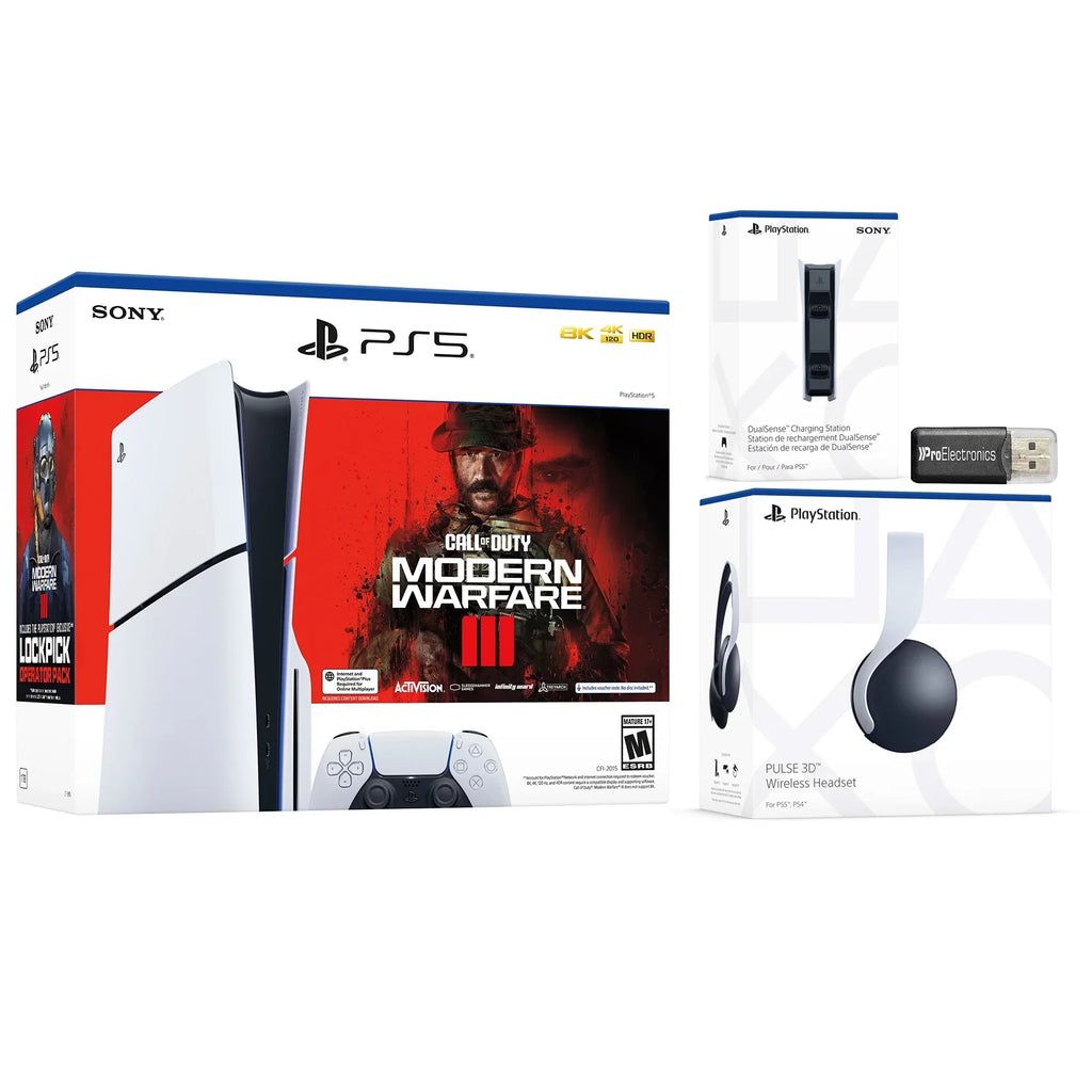 PlayStation 5 Slim Disc Call of Duty Modern Warfare 3 Bundle with Jet Pulse 3D Wireless Gaming Headset, Charging Station and USB MicroSD Card Reader