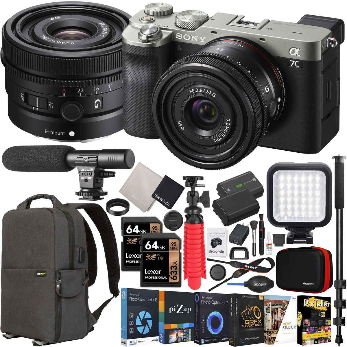 a7C Mirrorless Full Frame Camera Body with FE 24mm F2.8 G Compact Lens SEL24F28G Silver ILCE7C/S Bundle with Deco Gear Photography Backpack Case + Microphone + LED + Monopod and Accessories