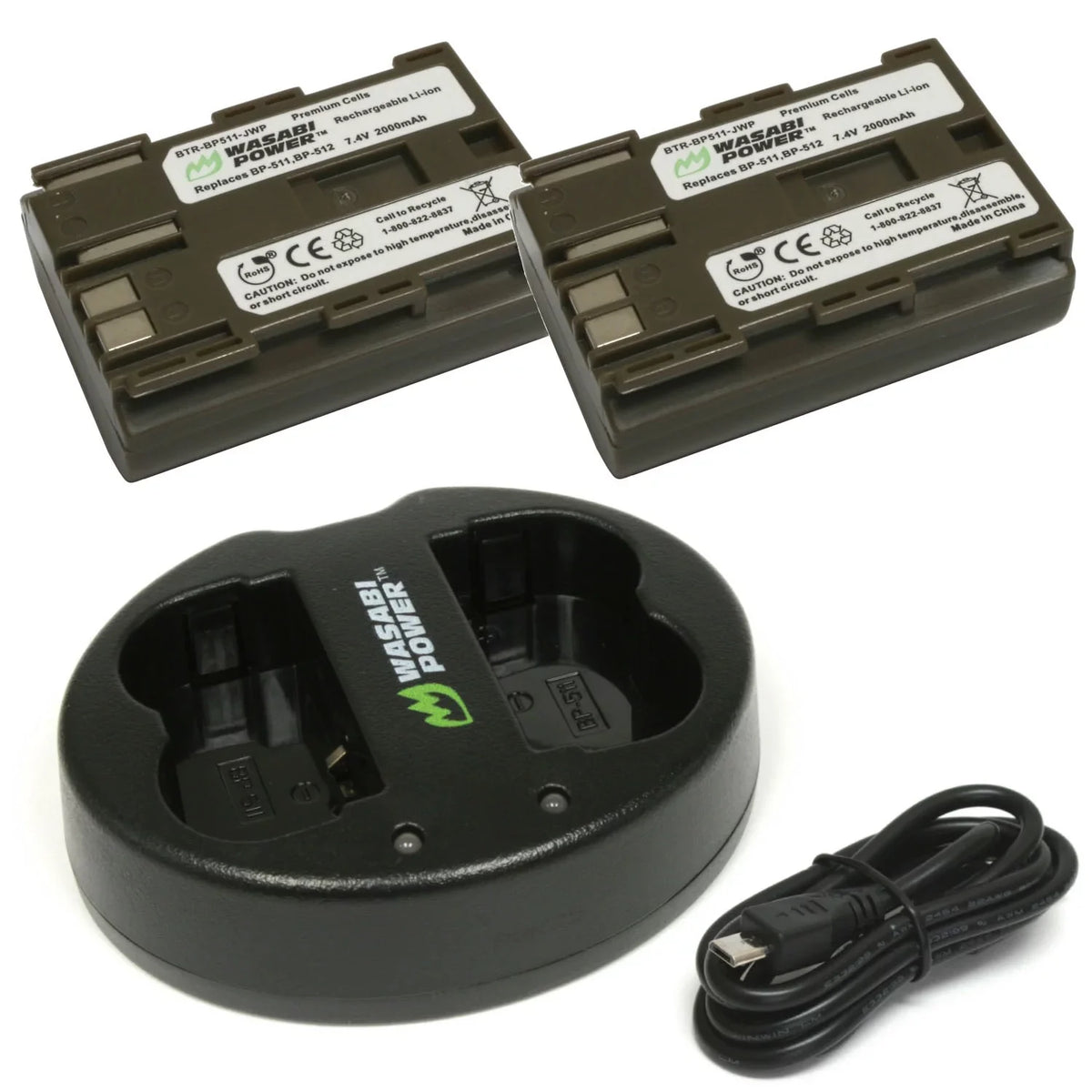Wasabi Power Battery (2-Pack) and Dual Charger for BP-511, BP-511A, BP-512, BP-514