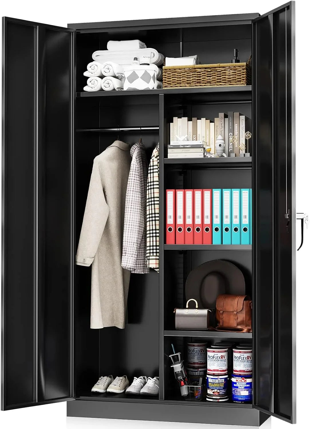 HOOMHIBIU Metal Cabinets Locker with Locking Door 72'' Clothing Coat Steel Wardrobe Cabinet with Lock and Shelves for Office Home Garage Employee Freestanding Dark