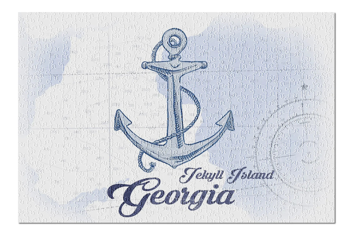 Jekyll Island, Georgia, Anchor, Blue, Coastal Icon (19x27 inches, Premium 500 Piece Jigsaw Puzzle for Adults and Family, Made in USA)