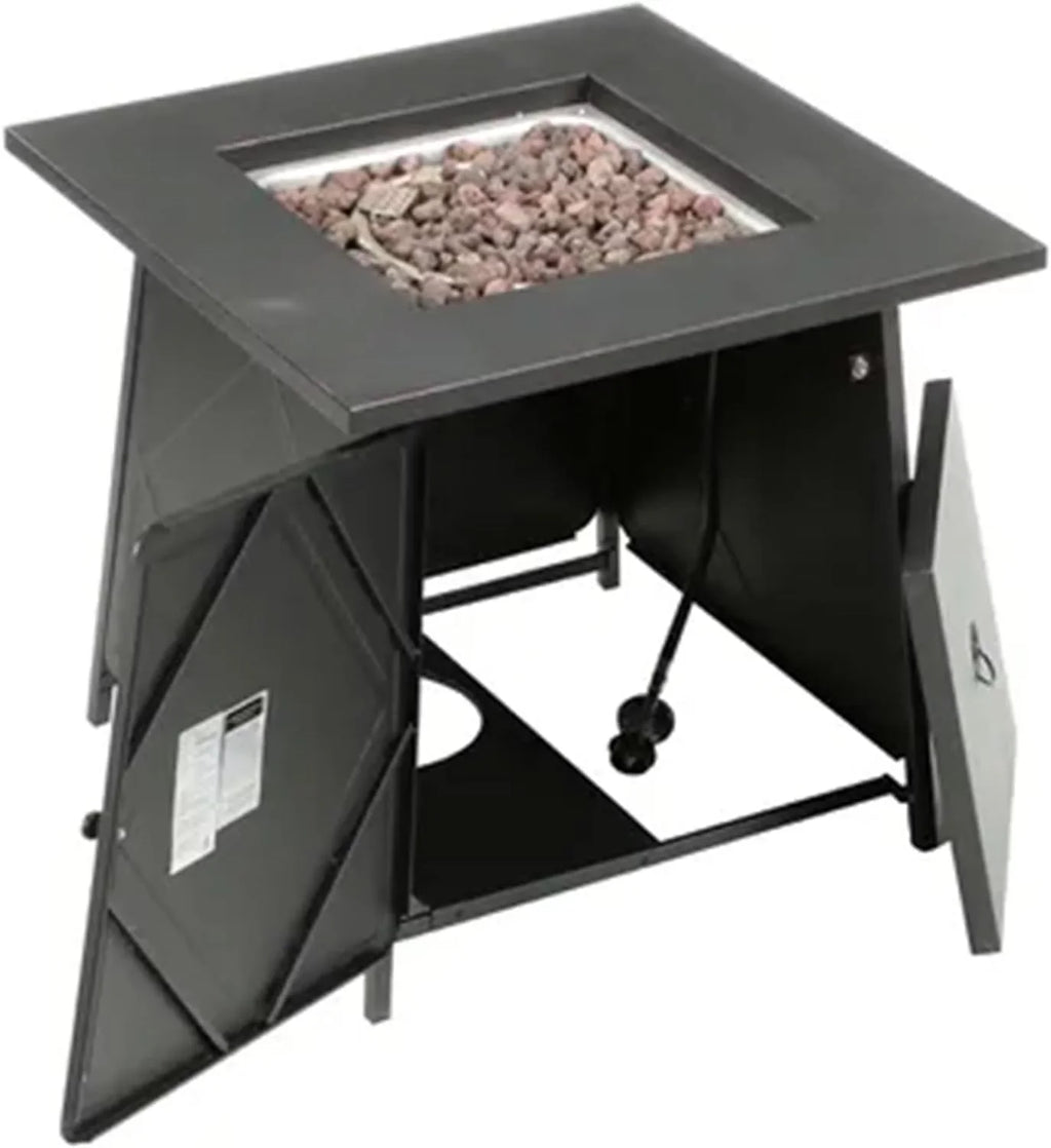 28 Inch Steel Square Gas Outdoor Backyard Tabletop Fire Pit with Lava Rocks and Steel Cover Lid, Dark