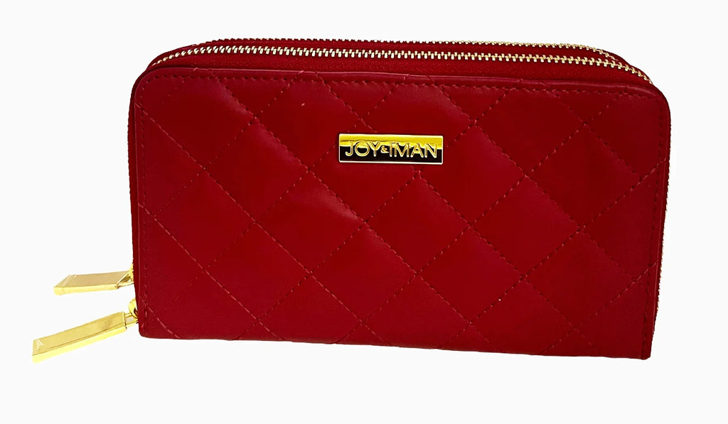 JOY & IMAN Leather Quilted Wallet with 2 Wrap-Around Zippers RFID ~ Burgundy