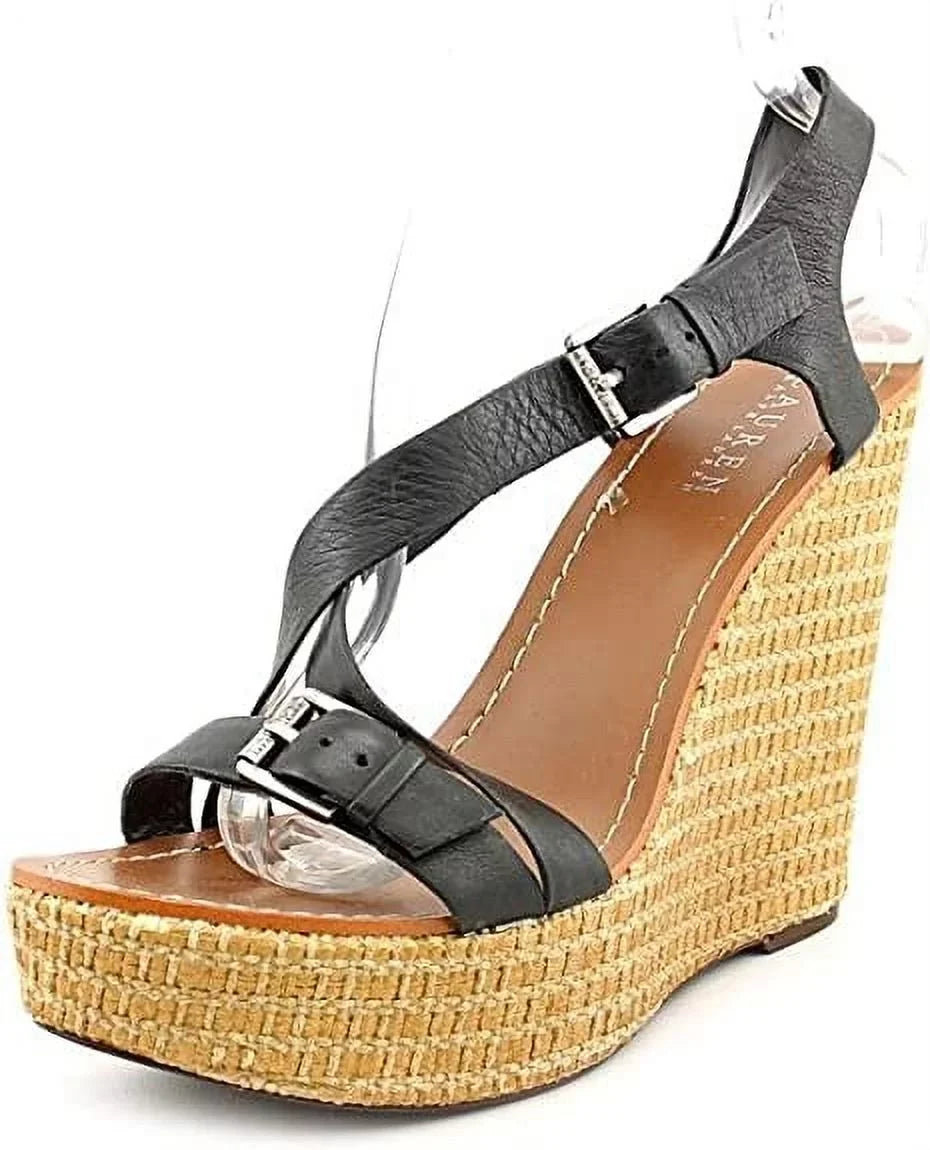 Lauren Ralph Lauren Dover Womens Size 9 Jet Leather Wedge Sandals Shoes New