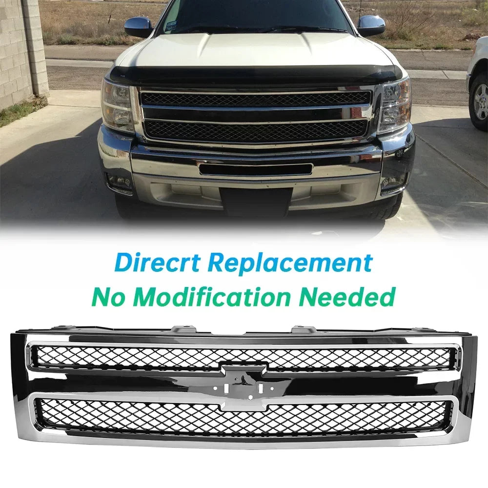 Kojem Front Bumper Mesh Grille Grill for 2007 2008 2009 2010 2011 2012 2013 Chevrolet Silverado 1500 Pickup Truck GM1200572 25810707 Chrome