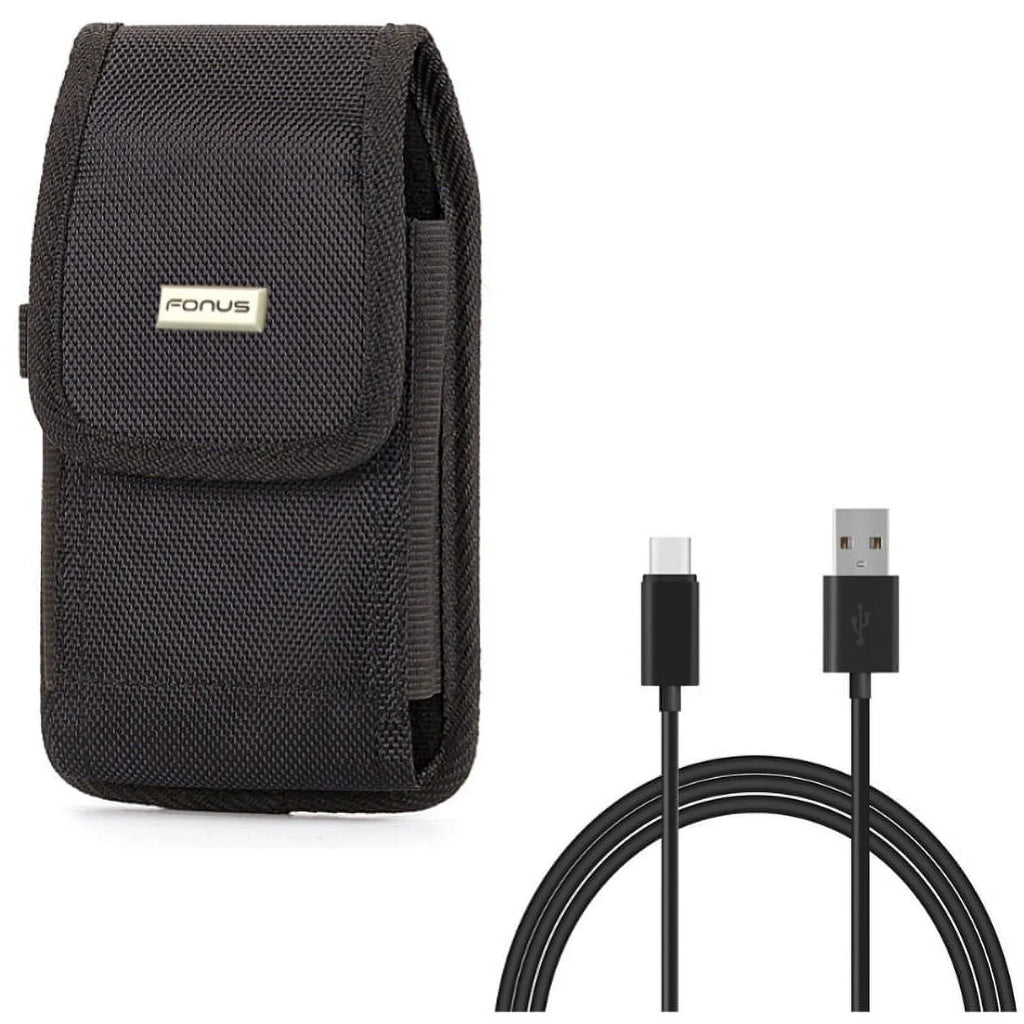 Rugged Canvas Case Holster Metal Belt Clip w Dark 6ft Long Type-C Cable Rapid Charge USB Wire Sync Y8K for Jet Motion - BLU G9, Vivo XI Plus - Coolpad Legacy - Pixel XL 3a XL