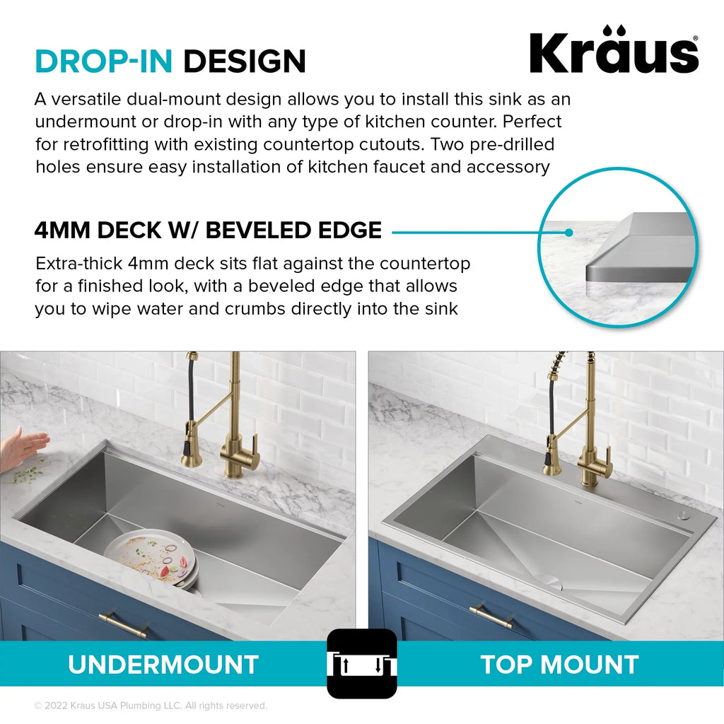 Kraus Kore 33 in. Drop-In / Undermount Workstation16 Gauge Stainless Steel Single Bowl Kitchen Sink with Accessories