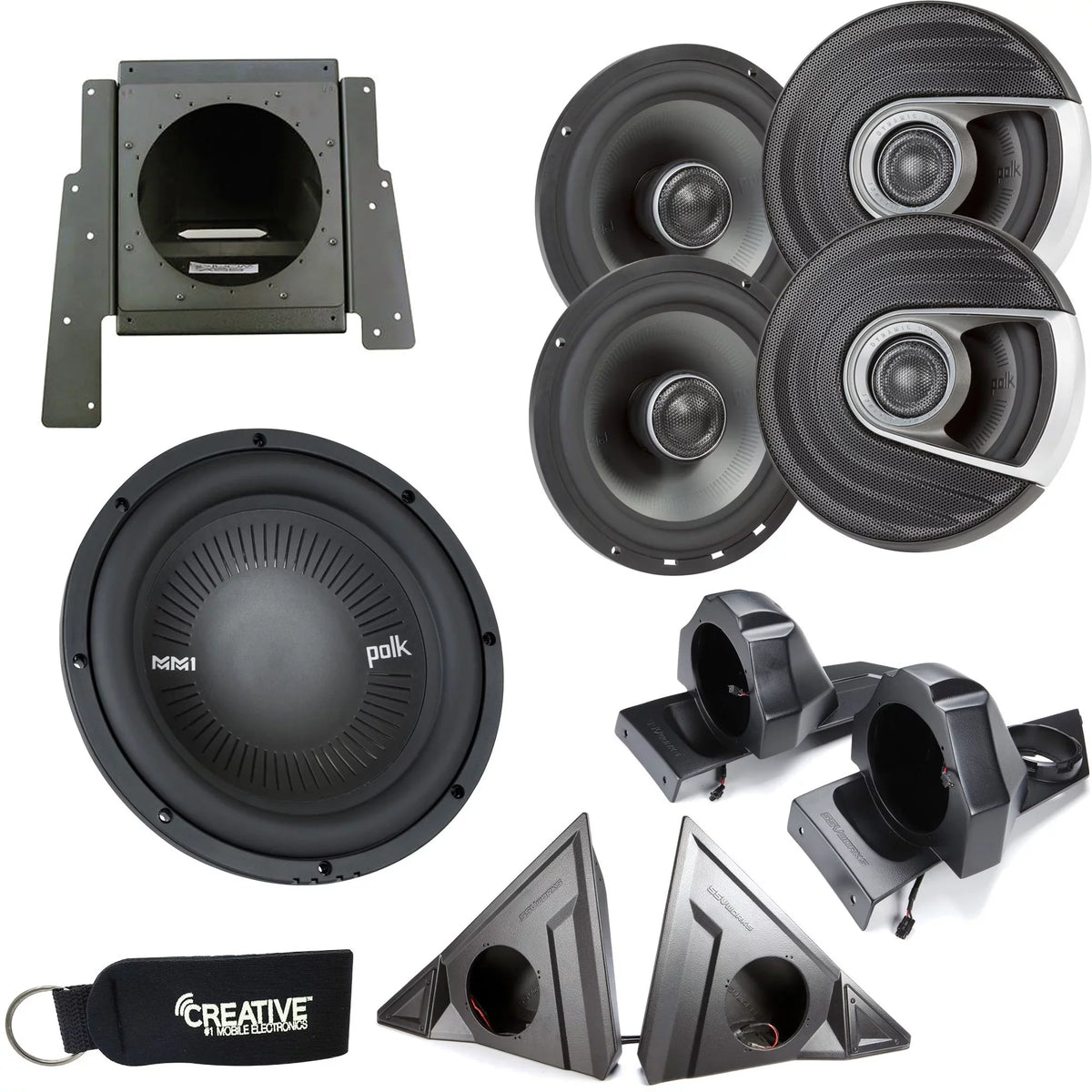 SSV Works For Polaris Slingshot - Front & Rear Speaker Pods with Polk MM652 Speakers & Sub Enclosure with MM1042SVC Sub