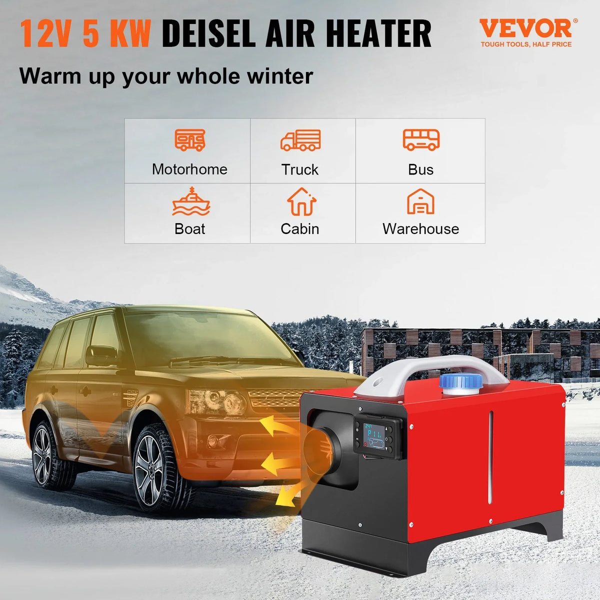 VEVOR Diesel Air Heater, 5KW 12V Parking Heater, Mini Truck Heater, Single Outlet Hole, with Dark LCD, Remote Control, Fast Heating Diesel Heater, For RV Truck, Boat, Bus, Car Trailer, Motorhomes