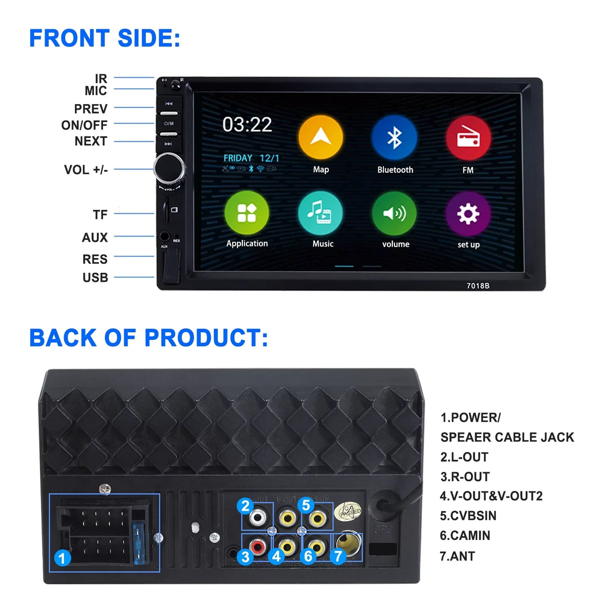 Double 2 Din Car Stereo Radio MP5 Player, 7 Inch HD Touch Screen Bluetooth Car Video Player 1080P with Backup Reversing Camera