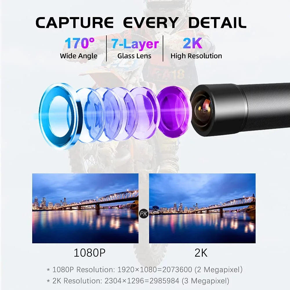 VSYSTO 2K Motorcycle Bike Helmet Camera, Portable WiFi Waterproof Motorcycle Dash Cam Action Camera, 170° Super Wide Angle Night Vision Lens, WDR, Loop Recording