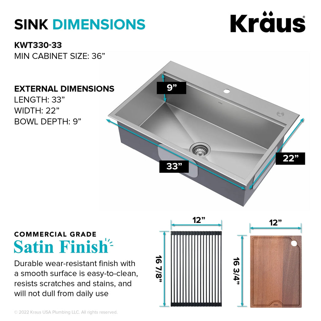 Kraus Kore 33 in. Drop-In / Undermount Workstation16 Gauge Stainless Steel Single Bowl Kitchen Sink with Accessories