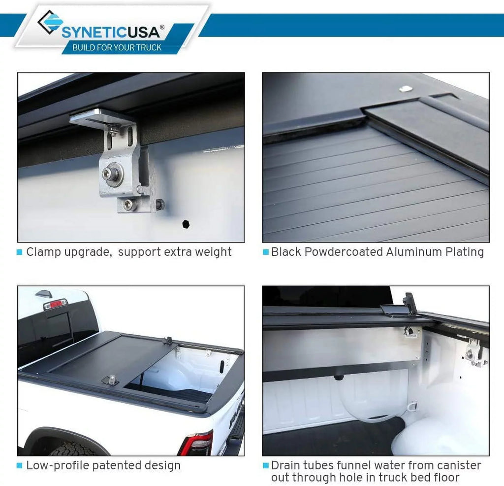 Syneticusa Retractable Hard Tonneau Cover with Cross Bars Fits 2019-2022 Ram 1500 5'7" (67.4”) Bed Matte Dark Aluminum Low Profile Waterproof Off Road