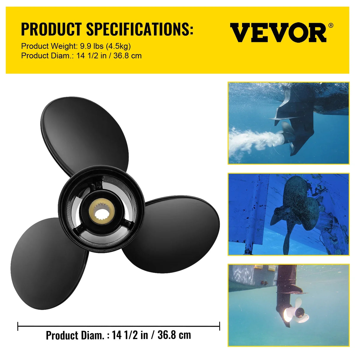 VEVOR Outboard Propeller, 3-Blade 14.5" x 19" Boat Propeller, Replace for OEM 3817468, Compatible with SX Sterndrives Outboard Volvo Penta Engine, Right-handed Aluminium Propeller & 19 Spline Teeth