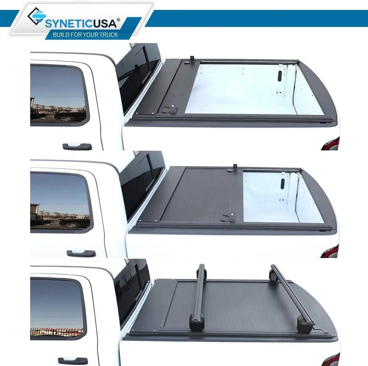 Syneticusa Retractable Hard Tonneau Cover with Cross Bars Fits 2019-2022 Ram 1500 5'7" (67.4”) Bed Matte Dark Aluminum Low Profile Waterproof Off Road