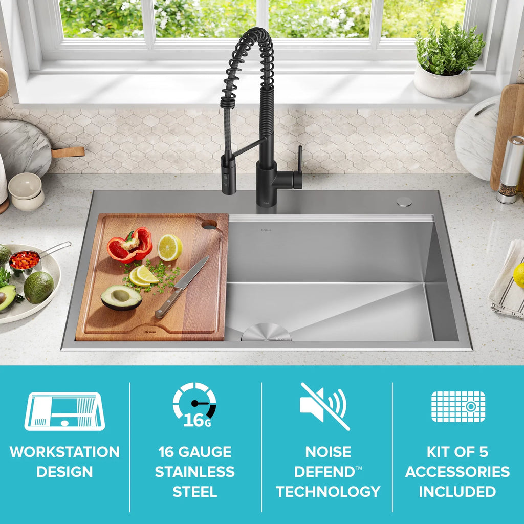 Kraus Kore 33 in. Drop-In / Undermount Workstation16 Gauge Stainless Steel Single Bowl Kitchen Sink with Accessories