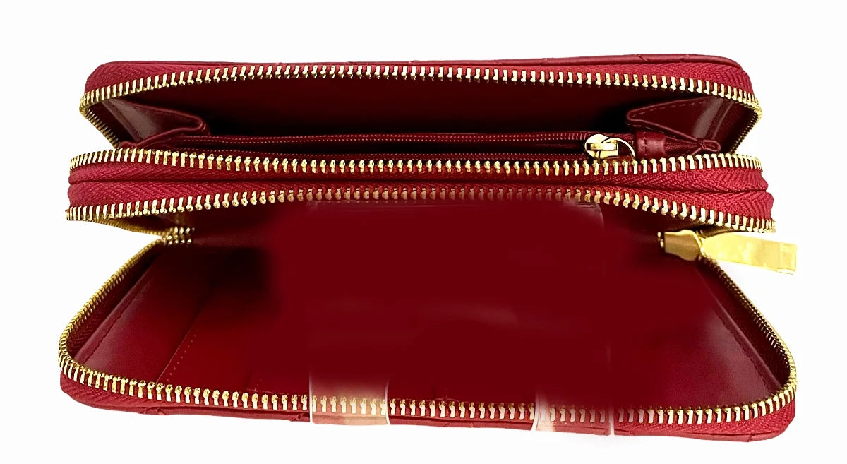 JOY & IMAN Leather Quilted Wallet with 2 Wrap-Around Zippers RFID ~ Burgundy