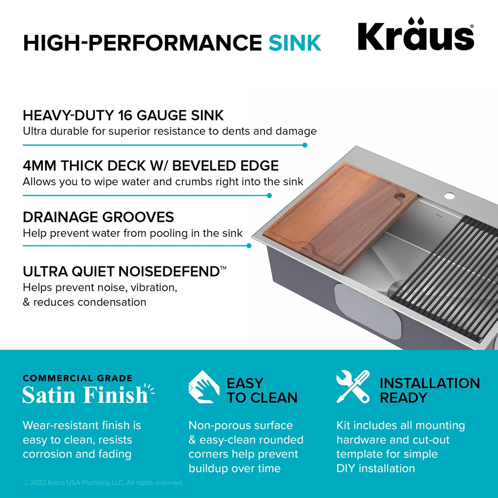 Kraus Kore 33 in. Drop-In / Undermount Workstation16 Gauge Stainless Steel Single Bowl Kitchen Sink with Accessories
