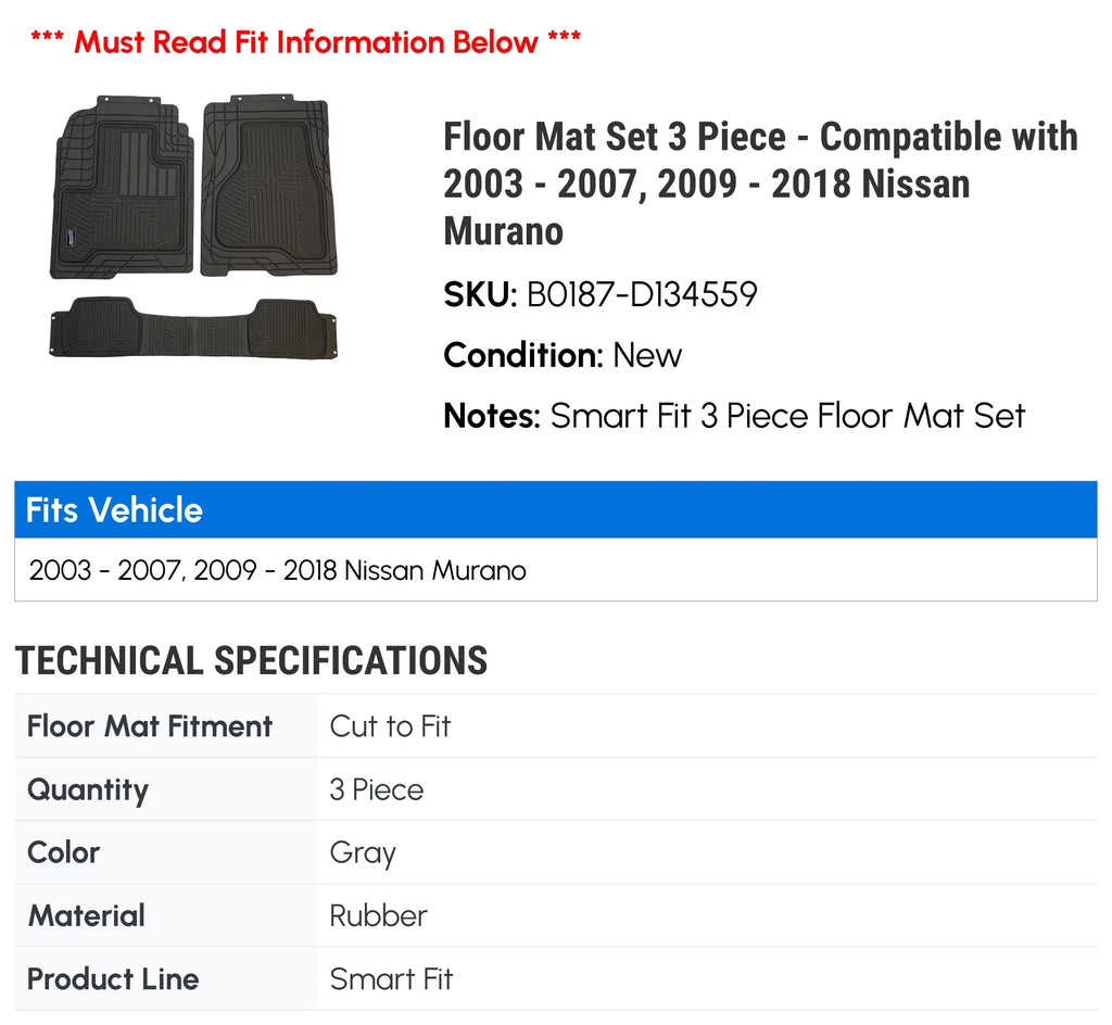 Floor Mat Set 3 Piece - Compatible with 2003 - 2007, 2009 - 2018 Nissan Murano 2004 2005 2006 2010 2011 2012 2013 2014 2015 2016 2017