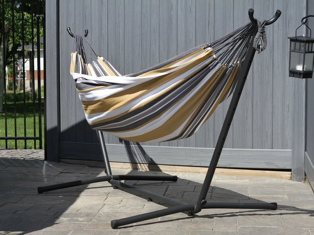 The Hamptons Collection 110” Grey and Gold Striped Brazilian Style Hammock with a Steel Hammock