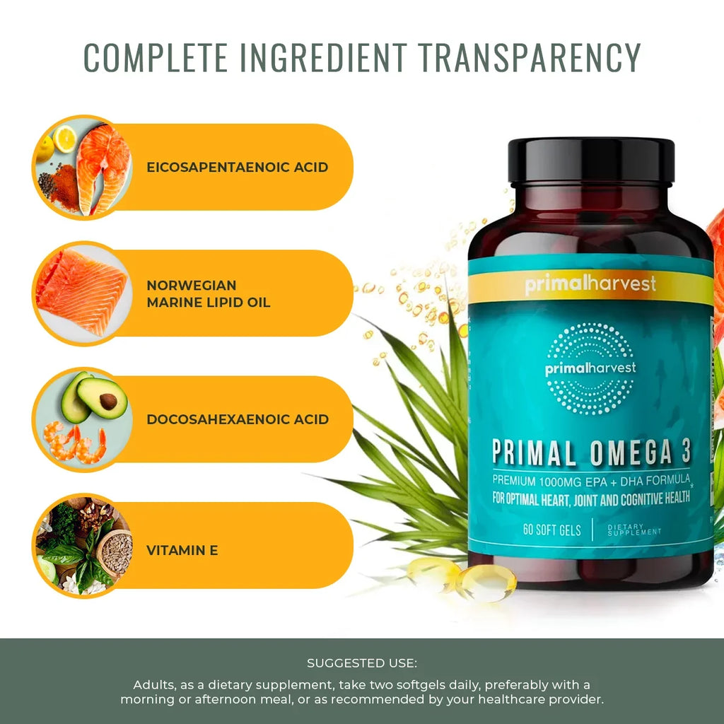 Primal Harvest Omega 3 Fish Oil Supplement, 60 Capsules