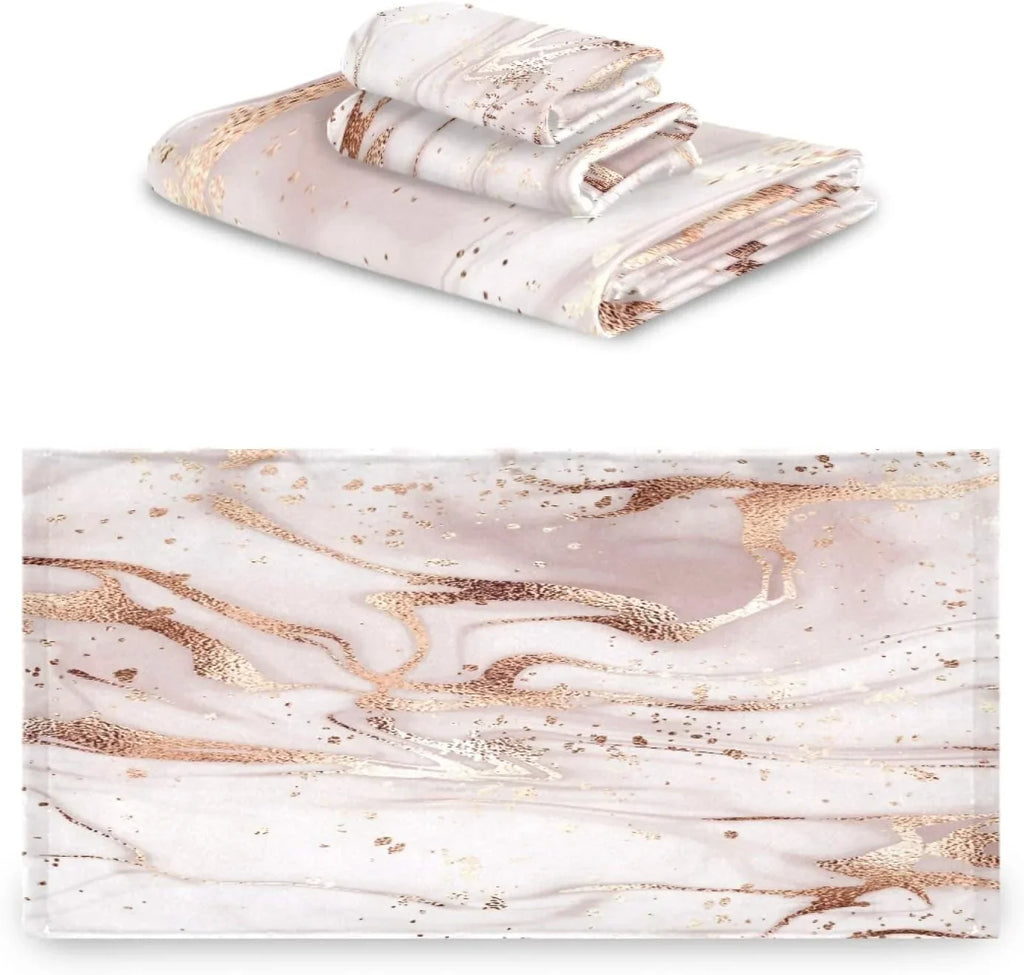 GZHJMY Rose Gold Abstract Marble Bath Towels Absorbent Bath Towels Set Soft & Comfortable Towel Set for Home Hotel Decor, 3 Piece
