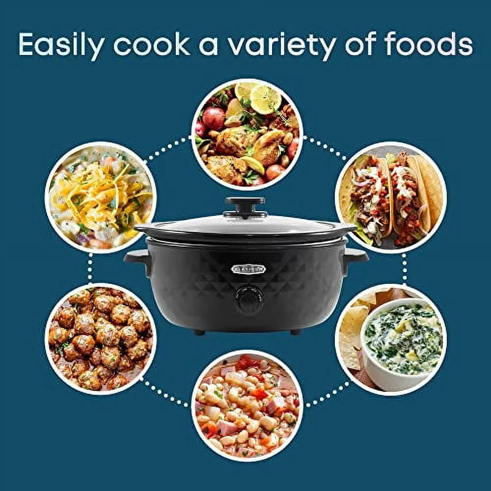 Elite Gourmet MST1234BX# Diamond Pattern Slow Cooker Removable, Dishwasher-Safe Stoneware Pot with Tempered Glass Lid, Cool-Touch Handles, 6 Quart, Charcoal Ebony