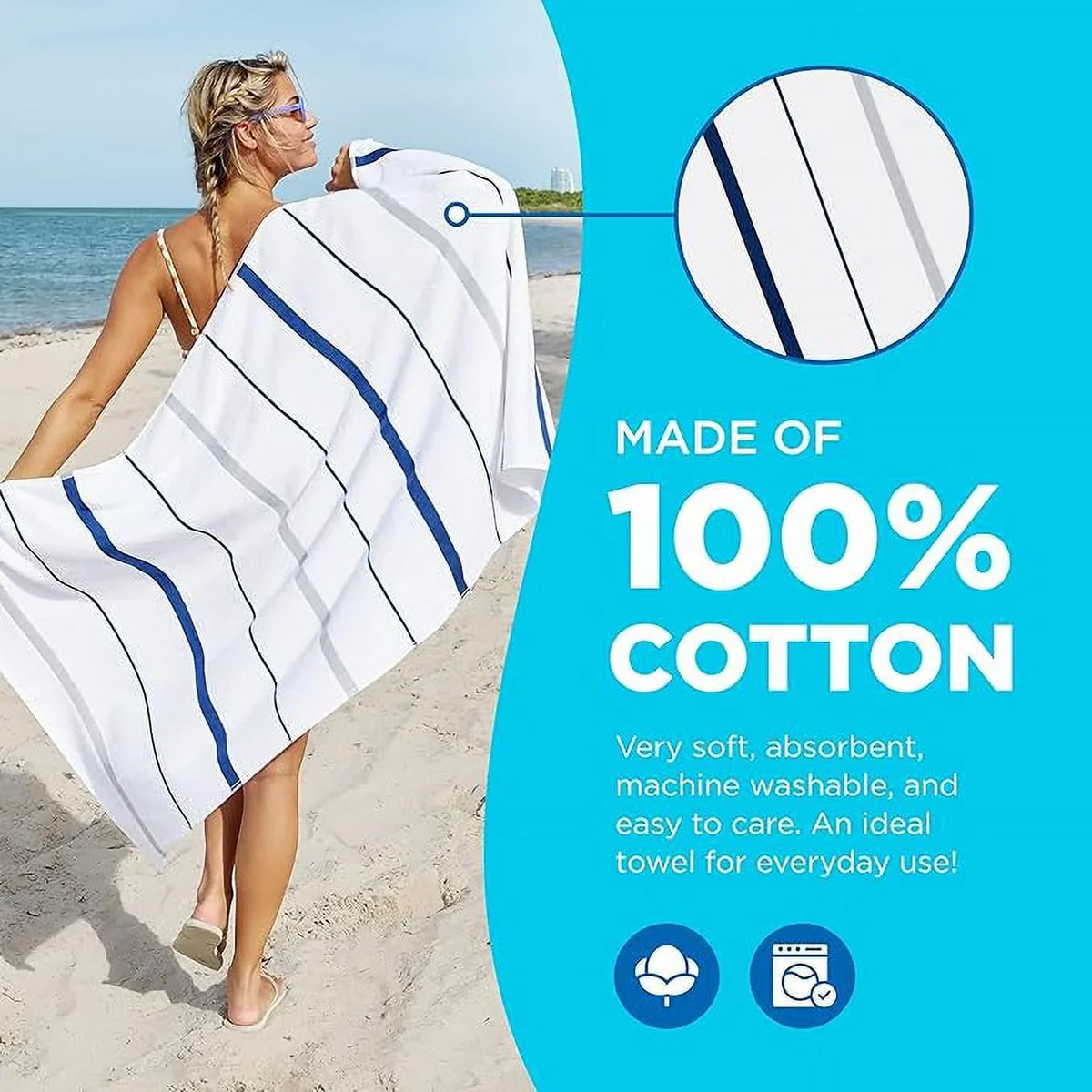 Kaufman - Terry Horizontal Sailor Stripes Beach Pool Towels - Set of 4 Pcs - 30in X 60in - 400 GSM - Luxury Hotel Towels 4-Pack (Navy)