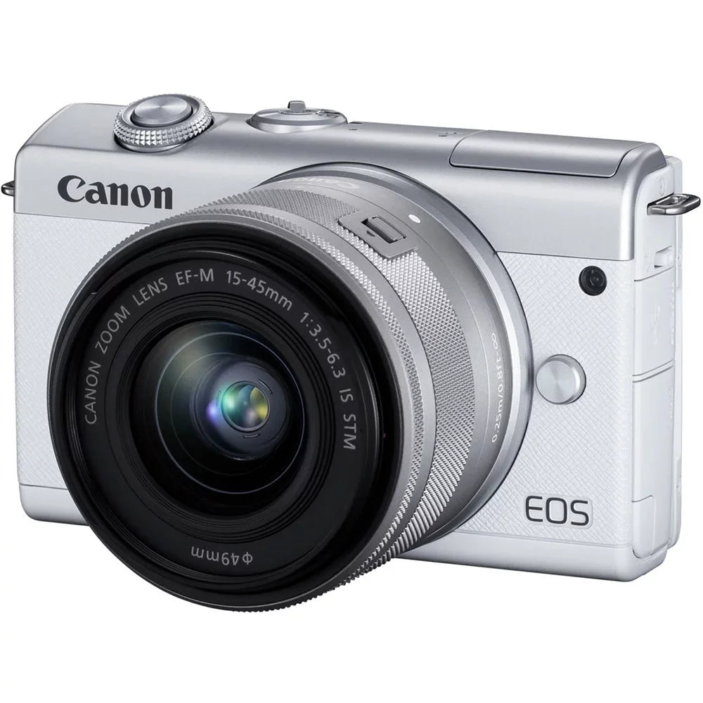 EOS M200 Mirrorless Camera with 15-45mm Lens (White) (3700C009) + 64GB Memory Card + Card Reader + Case + Flex Tripod + Hand Strap + Cap Keeper + Memory Wallet + Cleaning Kit