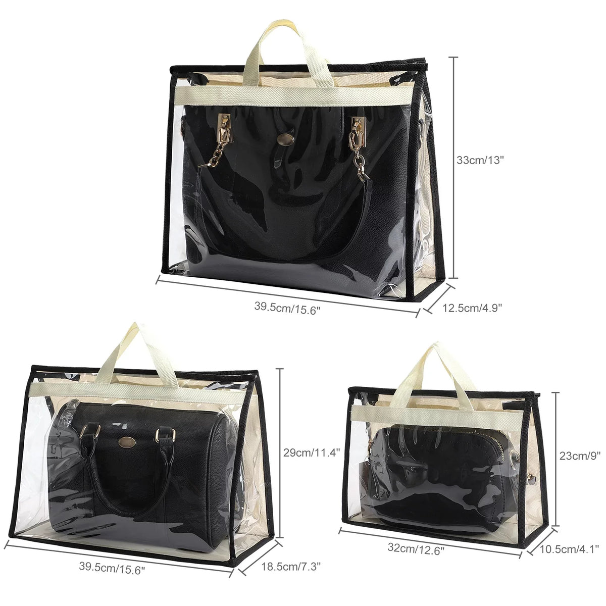 3 Pcs Dust Bags for Handbags, Clear Handbag Storage, Purse Storage Organizer for Closet, Purse Cover Hanging Closet Organizer with Zipper and Handles
