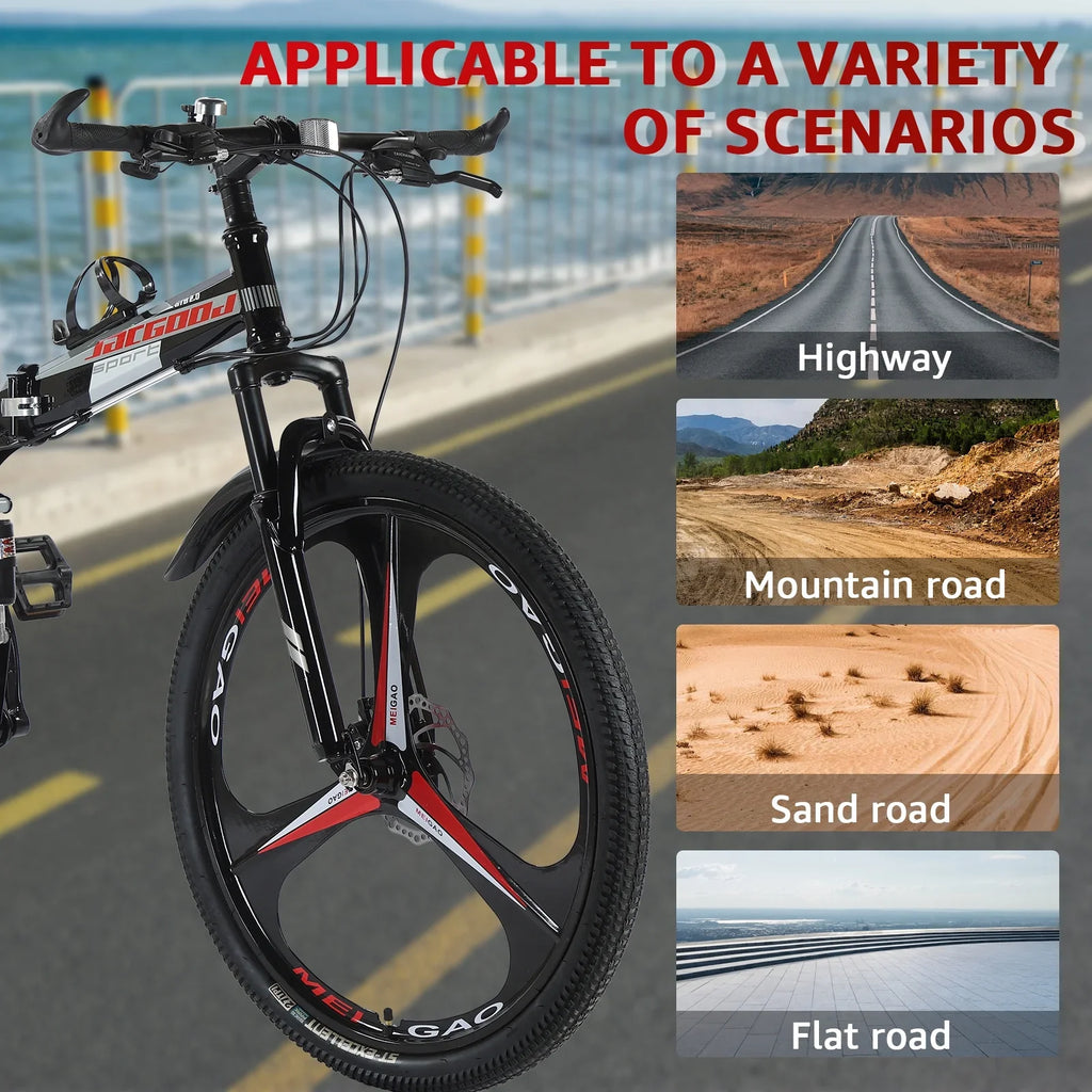 JSTUOKE 26 Inch Adult Mountain Bikes, 24 Speeds Drivetrain Cycling Foldable Bicycles with Double Disc Brakes, High Carbon Steel Frame, MTB for Men Women