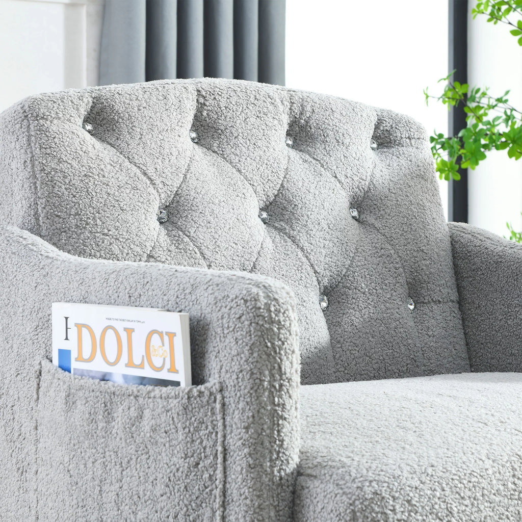30 "W Modern Chesterfield Tufted Upholstered Chair with Deep Buttons, Living Room Chair, Comfortable Armchair, Gold Hardware Legs, Tufted Chair for Reading or Relaxing, GREY TEDDY